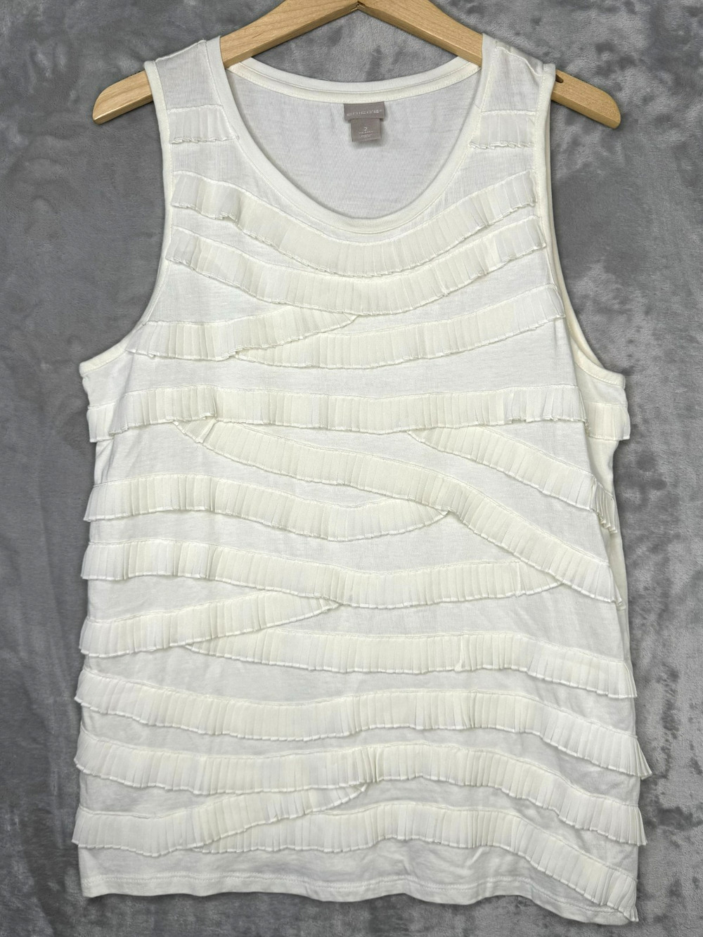 Chico's Tank Top Womens L Ivory Pleated Ruffle Scoop Neck Jersey Knit Stretch